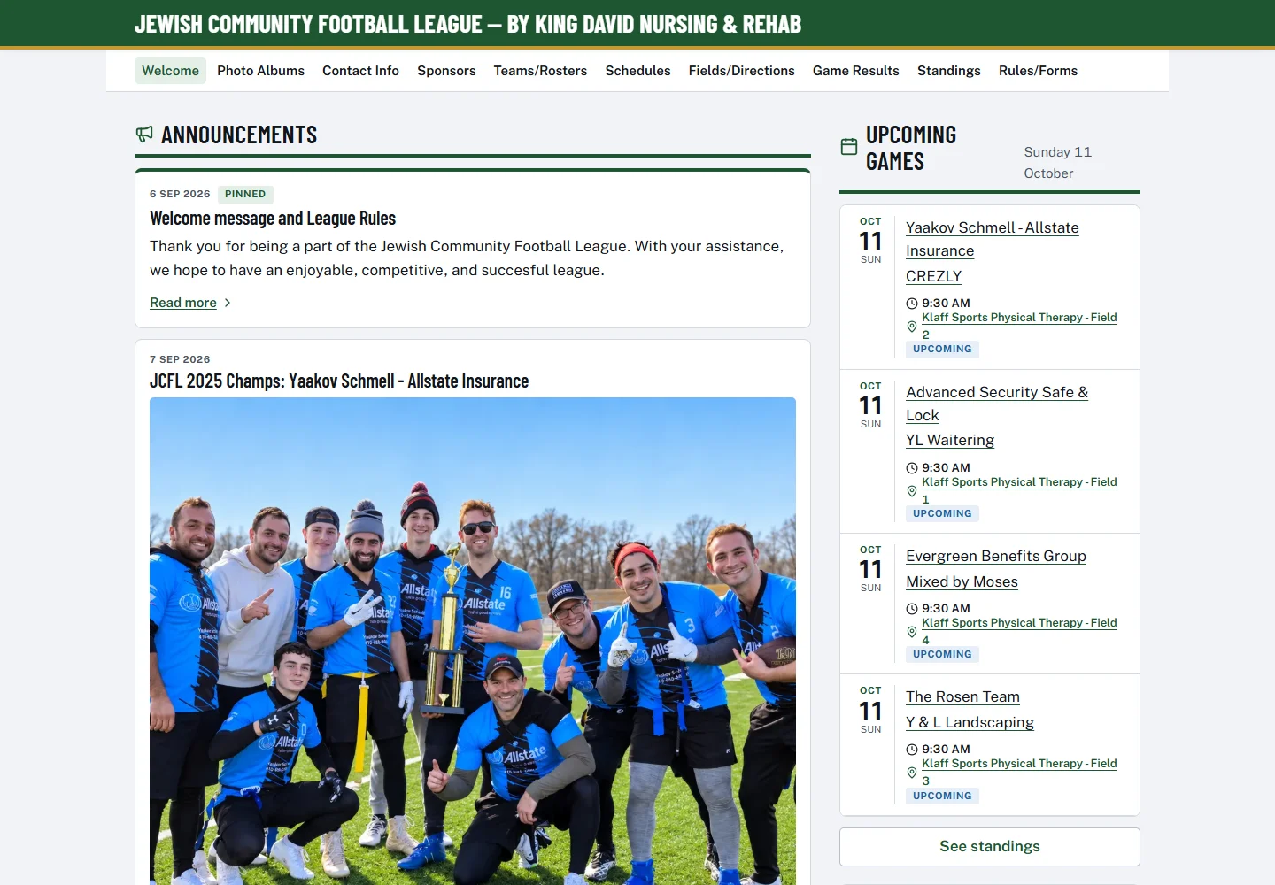 Baltimore community league website with schedules, teams, and results